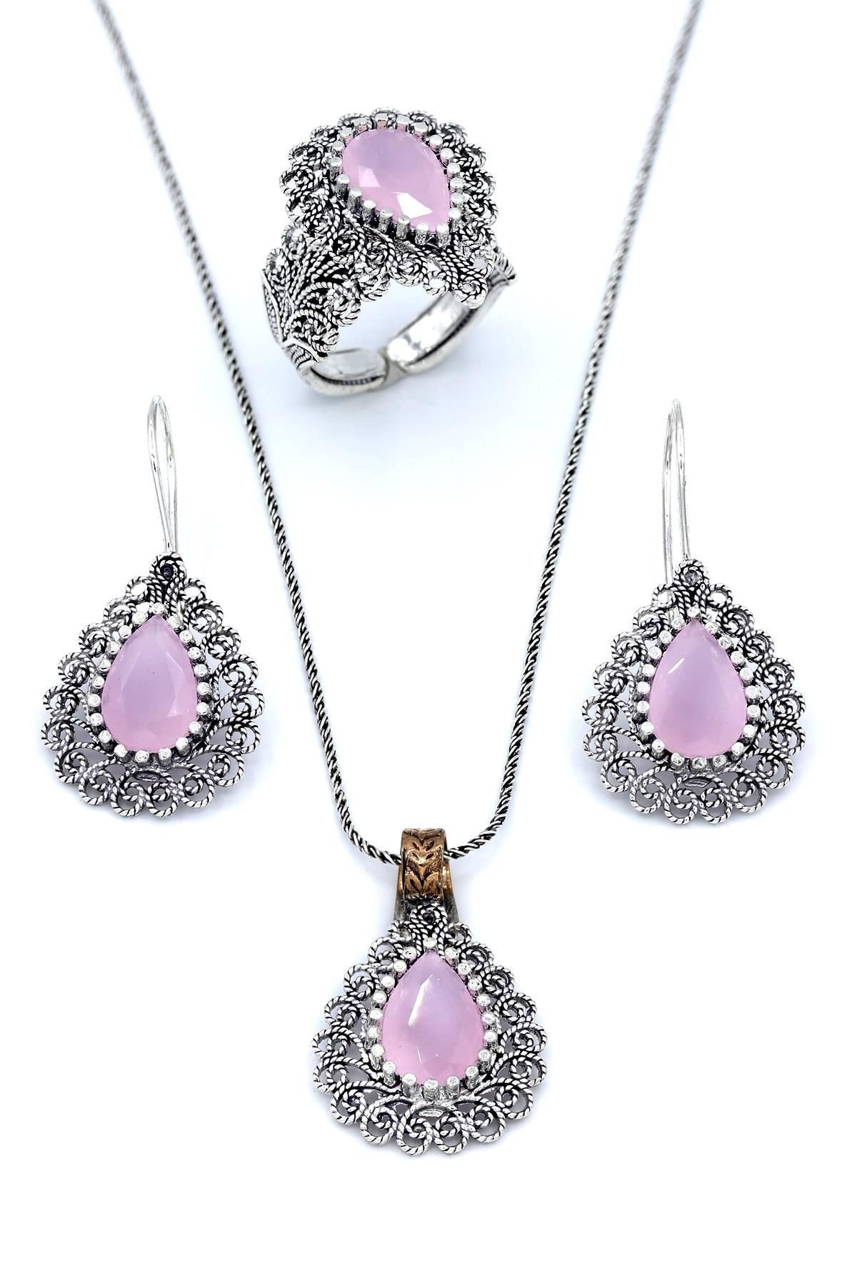 Damla Modeli Pembe Kuvars Taşlı Telkari Gümüş Set 182