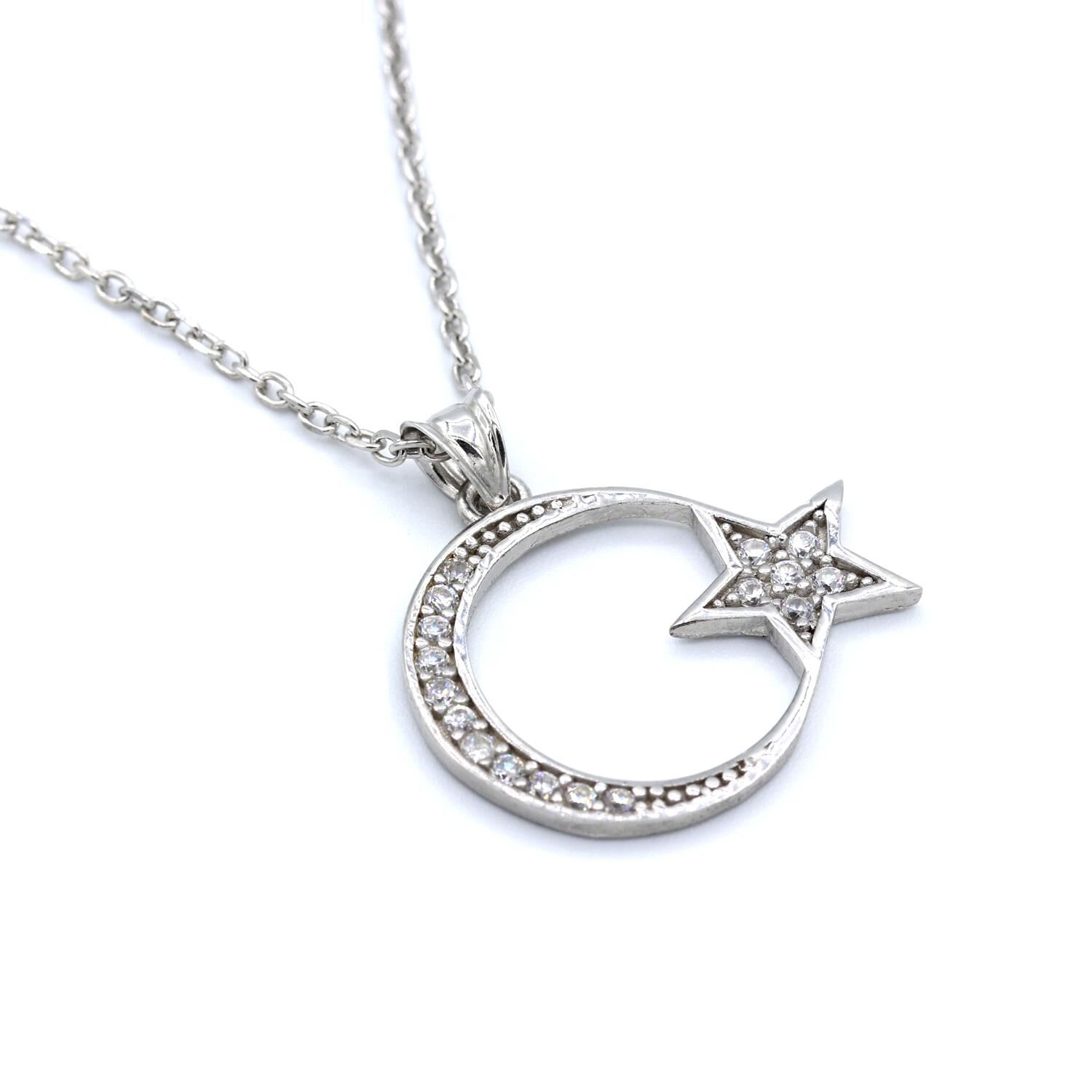 Ay Yıldız Zirkon Taşlı Gümüş Kolye 099