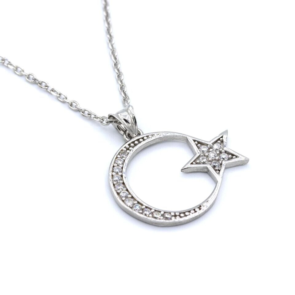 Ay Yıldız Zirkon Taşlı Gümüş Kolye 099