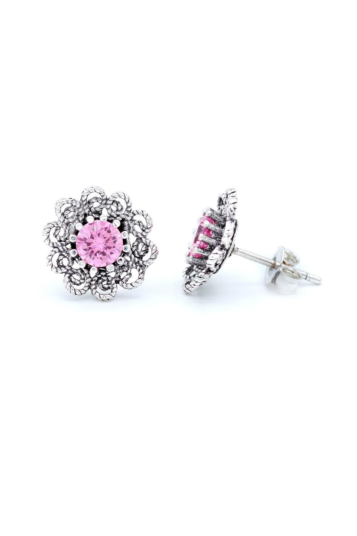Pembe Kuvars Taşlı Papatya Modeli Telkari İşlemeli Gümüş Küpe 302