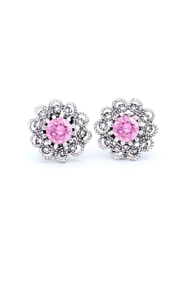 Pembe Kuvars Taşlı Papatya Modeli Telkari İşlemeli Gümüş Küpe 302