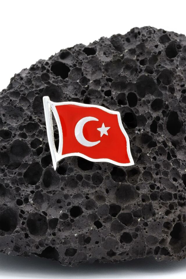 Dalgalı Türk Bayrağı Mineli Gümüş Rozet 023