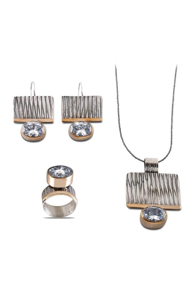 Beyaz Zirkon Taşlı Çekiç Dövme Gümüş Set 014