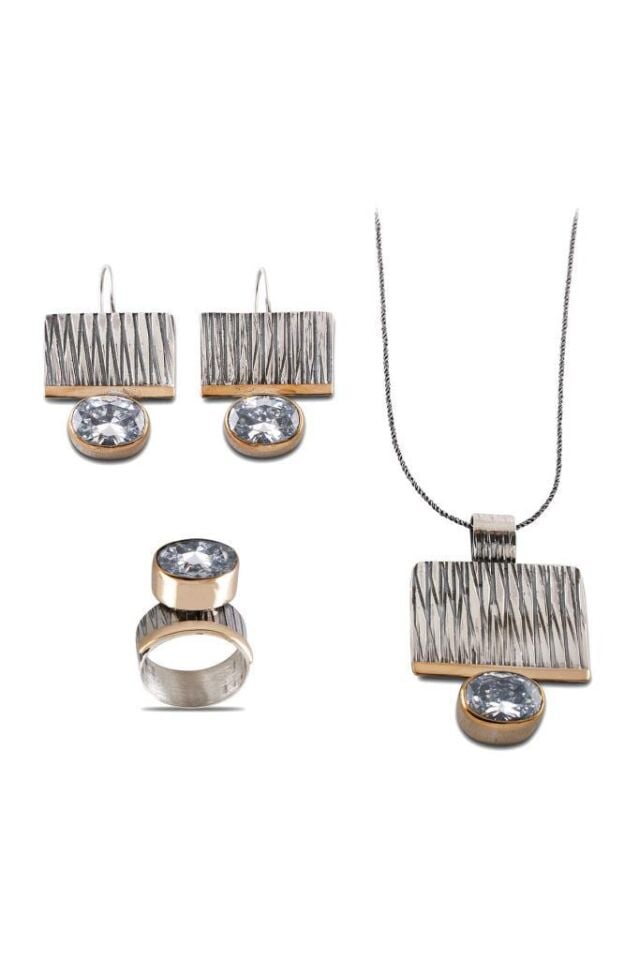 Beyaz Zirkon Taşlı Çekiç Dövme Gümüş Set 014