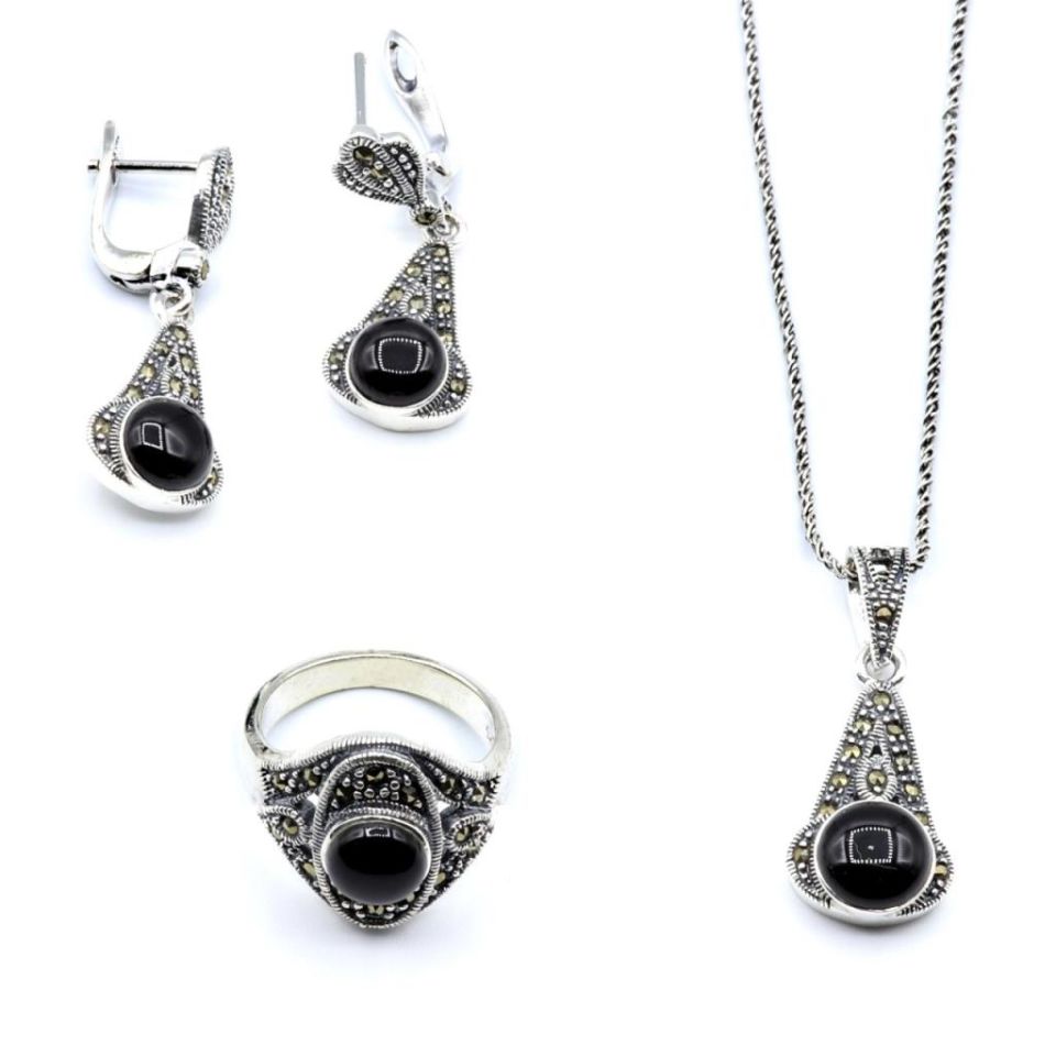 Siyah Akik Taşlı Markazit Gümüş Set 032