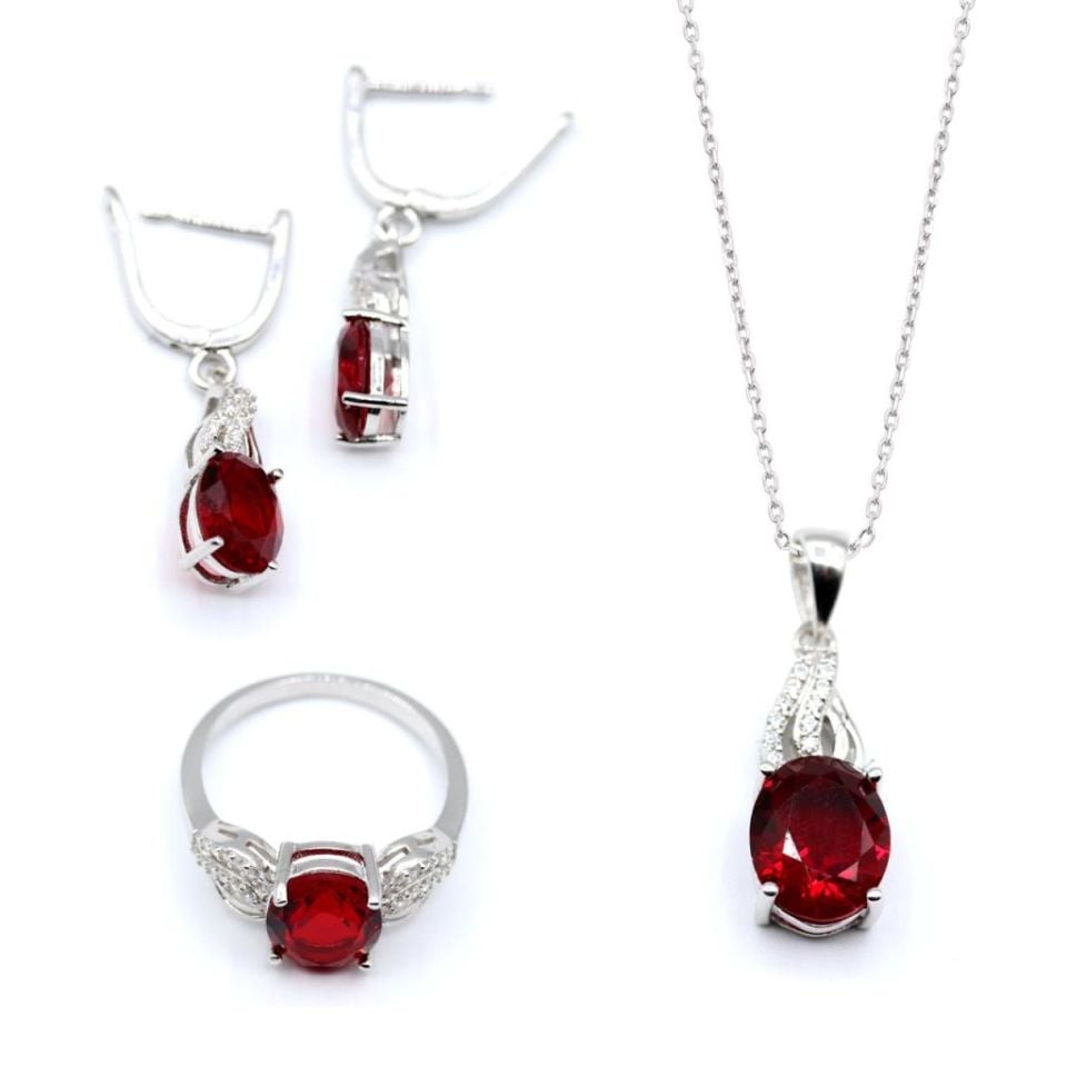 Kırmızı Zirkon Taşlı Gümüş Set 046
