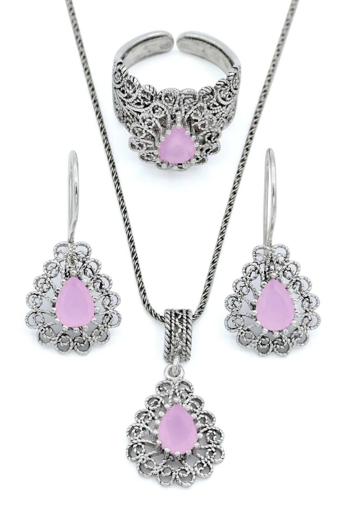 Damla Modeli Pembe Kuvars Taşlı Telkari Gümüş Set 138