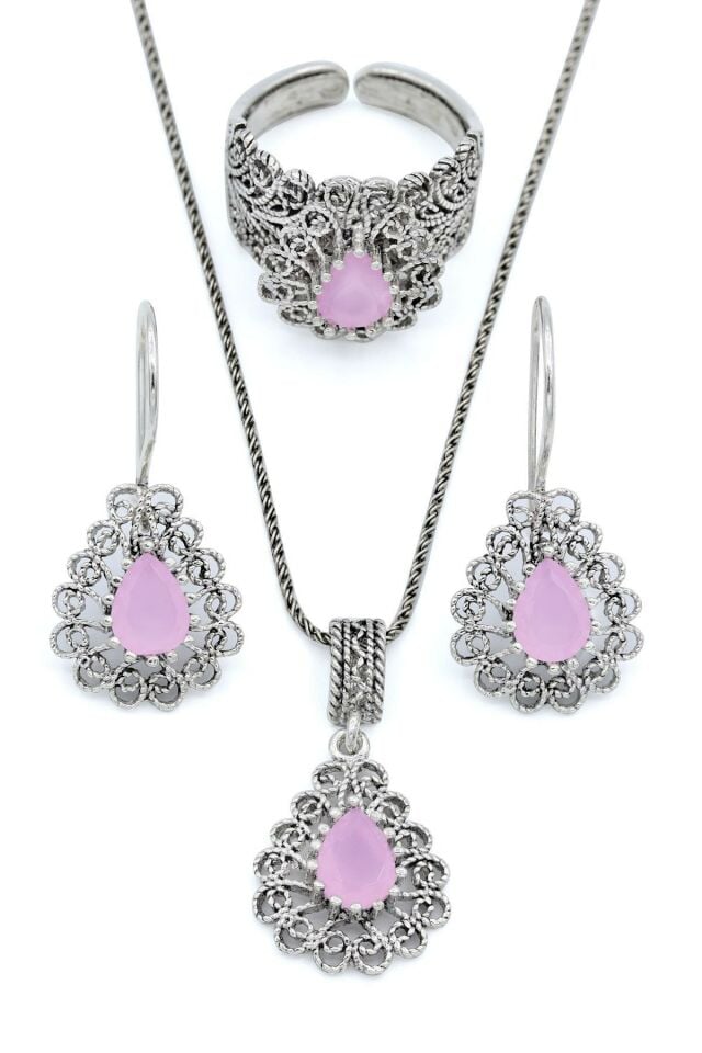 Damla Modeli Pembe Kuvars Taşlı Telkari Gümüş Set 138