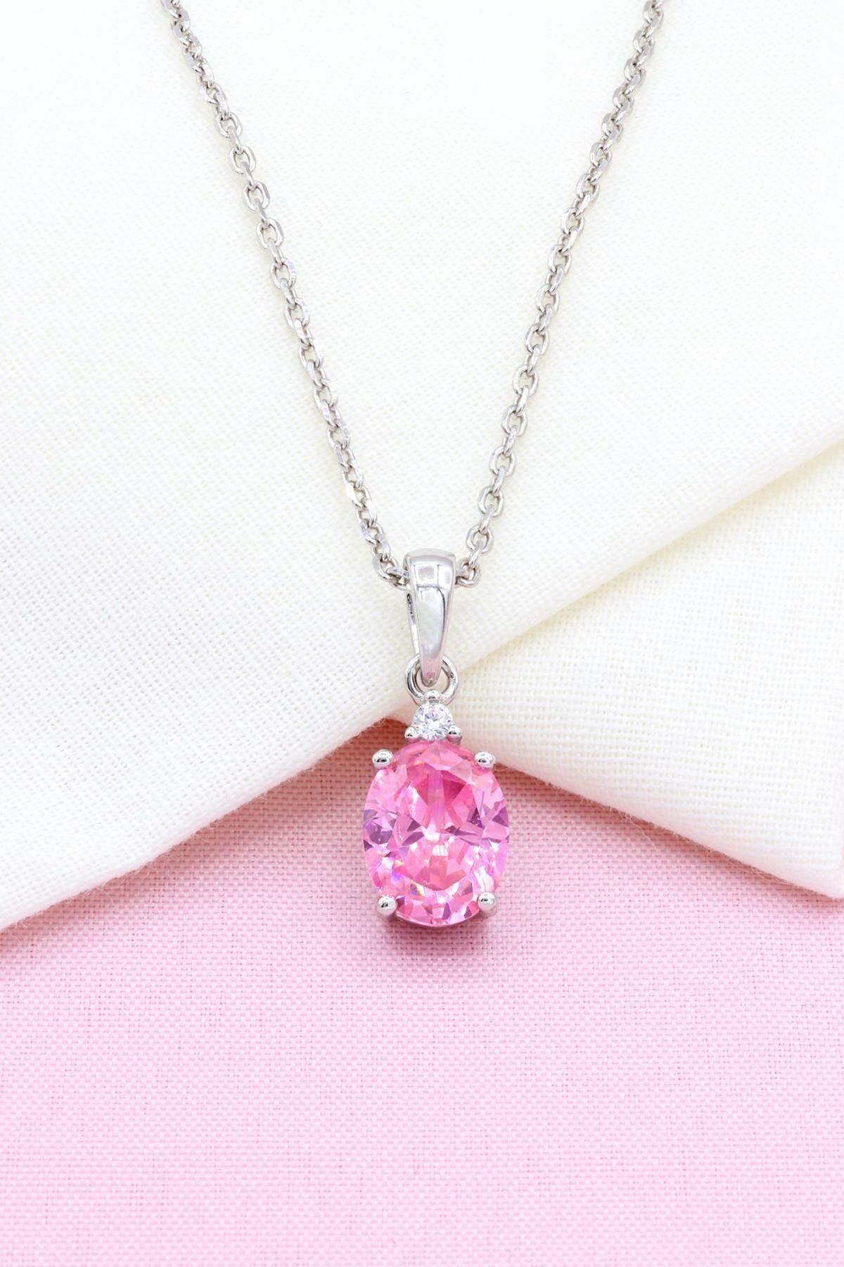 Pembe Kuvars Taşlı Gümüş Kolye 248