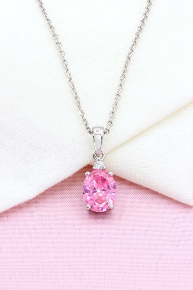 Pembe Kuvars Taşlı Gümüş Kolye 248
