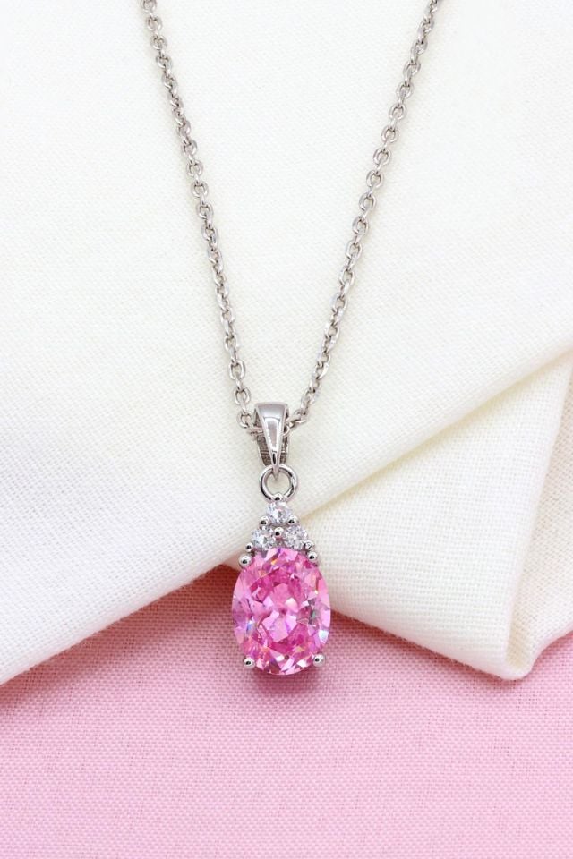 Pembe Kuvars Taşlı Gümüş Kolye 258
