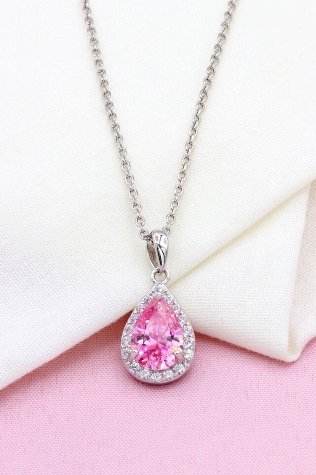 Pembe Kuvars Taşlı Damla Modeli Gümüş Kolye 276