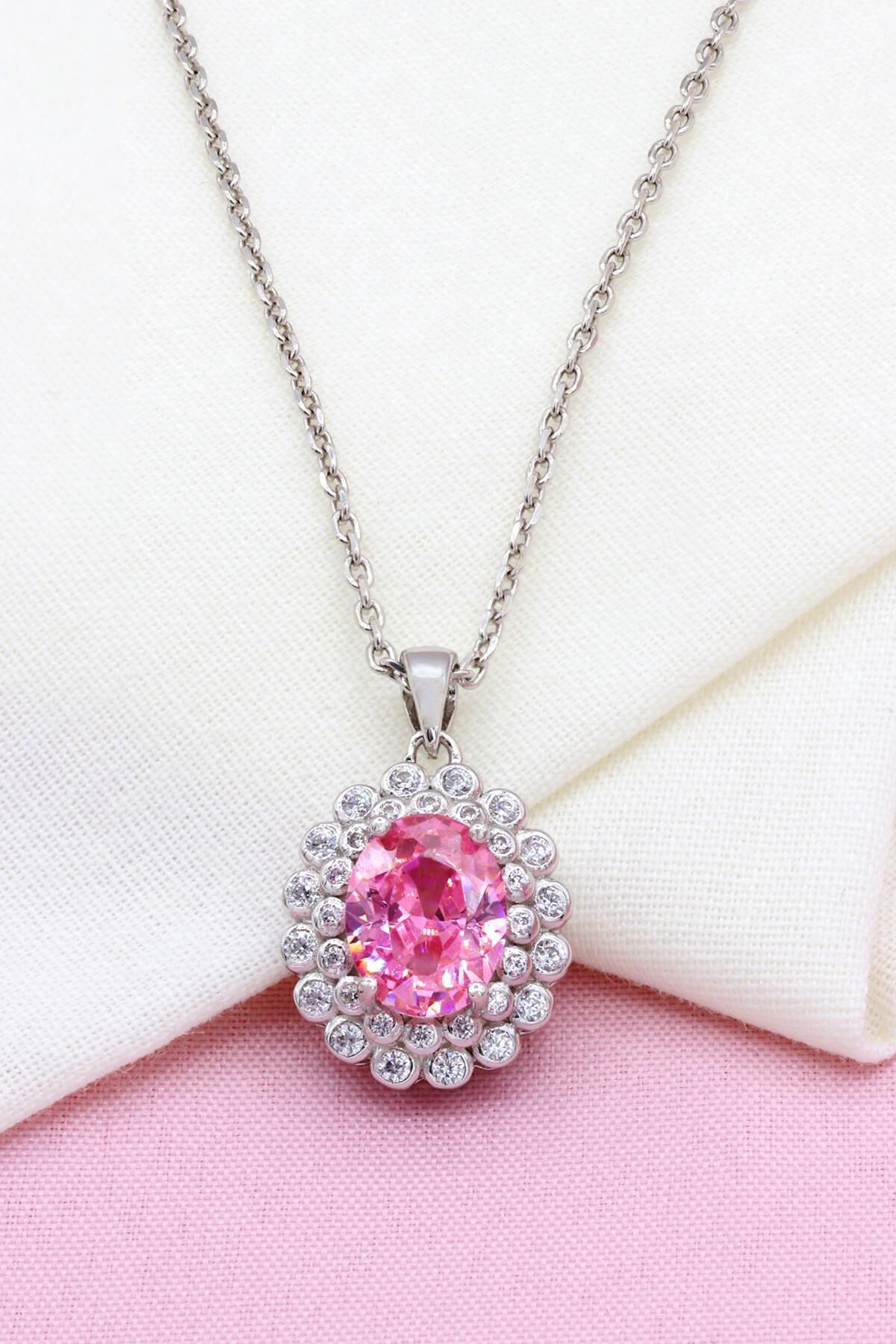 Pembe Kuvars Taşlı Oval Model Gümüş Kolye 296