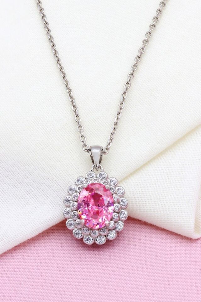 Pembe Kuvars Taşlı Oval Model Gümüş Kolye 296