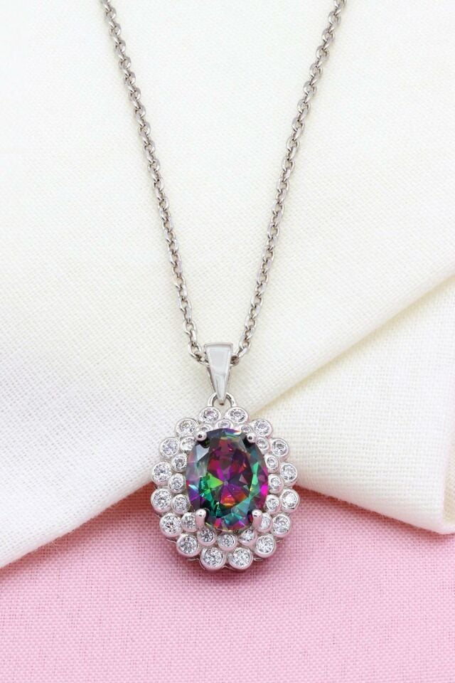 Mistik Topaz Taşlı Oval Model Gümüş Kolye 300