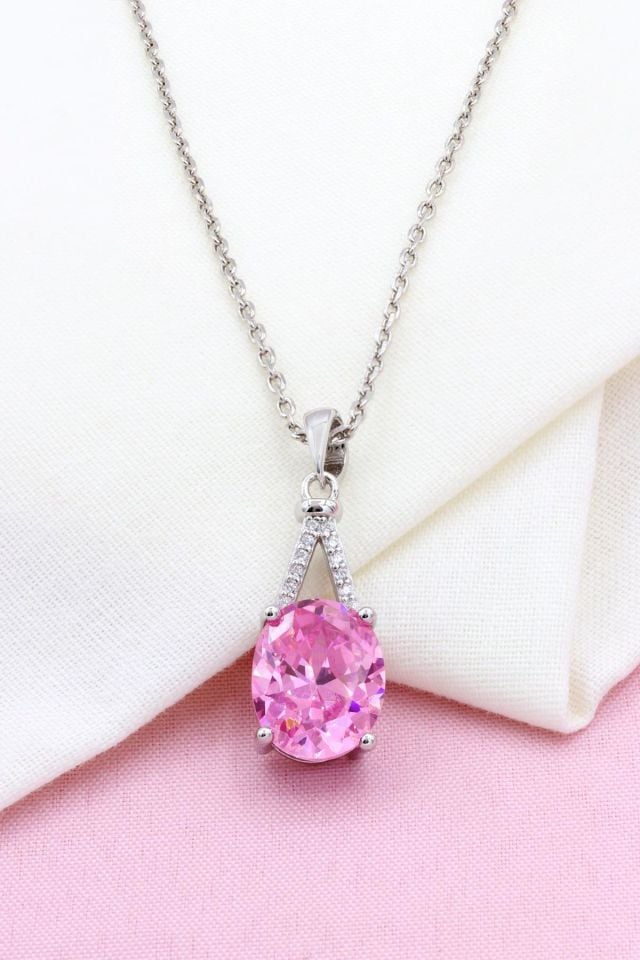 Pembe Kuvars Taşlı Gümüş Kolye 316