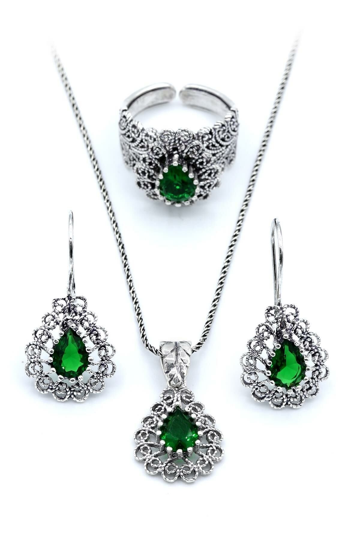 Damla Modeli Yeşil Zirkon Taşlı Telkari Gümüş Set 094