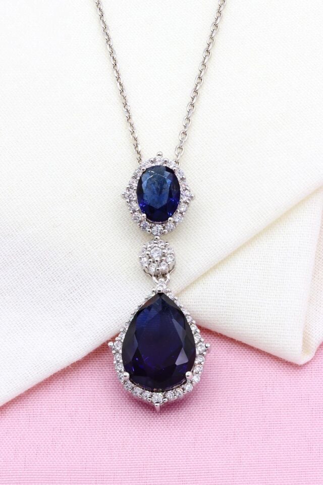 Safir Taşlı Damla Modeli Gümüş Kolye 323