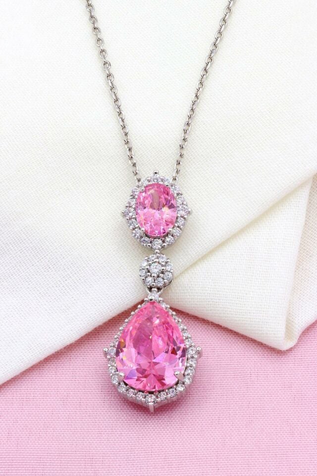 Pembe Kuvars Taşlı Damla Modeli Gümüş Kolye 326