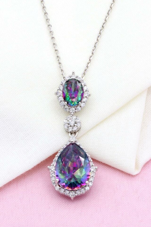 Mistik Topaz Taşlı Damla Modeli Gümüş Kolye 330