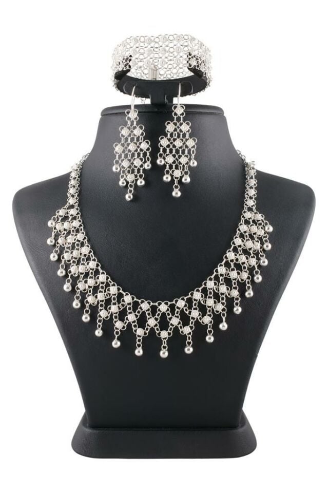 Üç Sıralı Yöresel Kişniş Telkari Gümüş Set 057