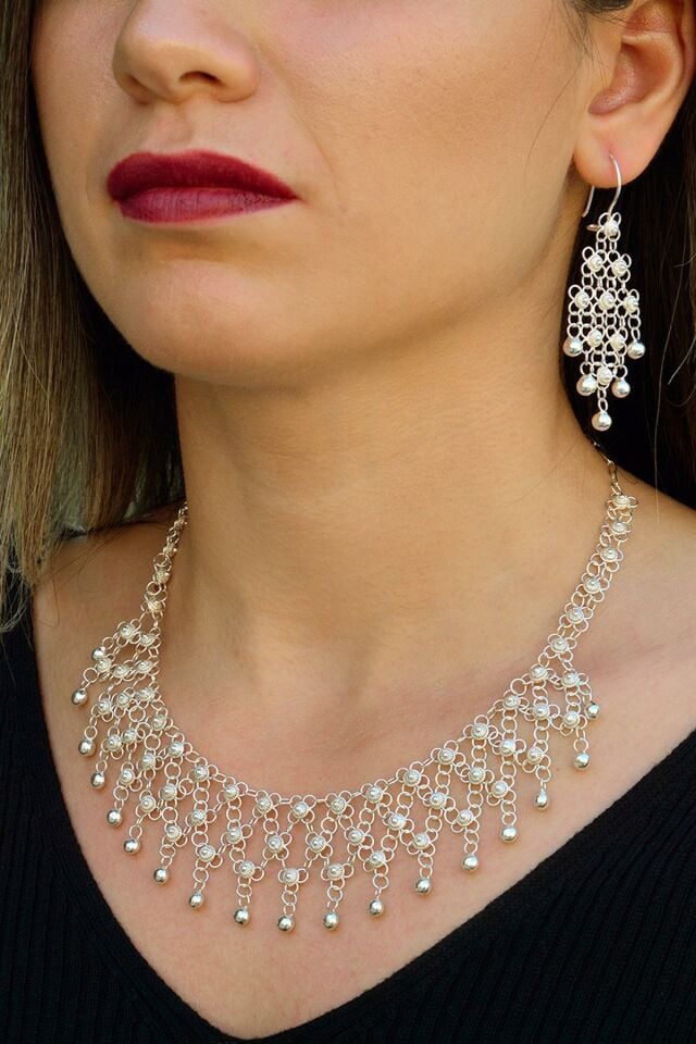 Üç Sıralı Yöresel Kişniş Telkari Gümüş Set 057