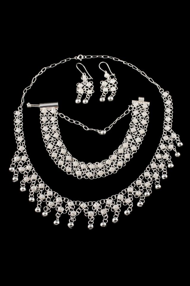 Çift Sıralı Yöresel Kişniş Telkari Gümüş Set 058