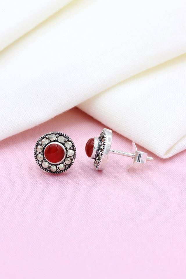 Bordo Akik Taşlı Markazit Gümüş Küpe 181