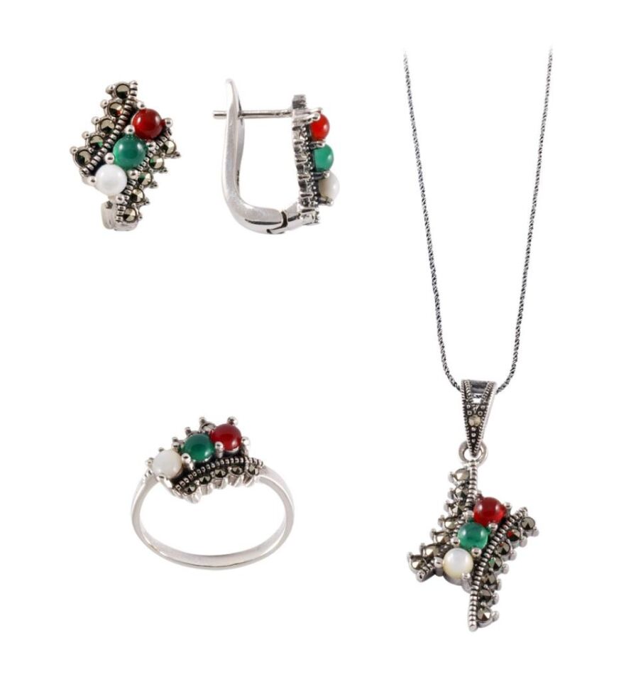 Sedef ve Akik Taşlı Markazit Gümüş Set 021