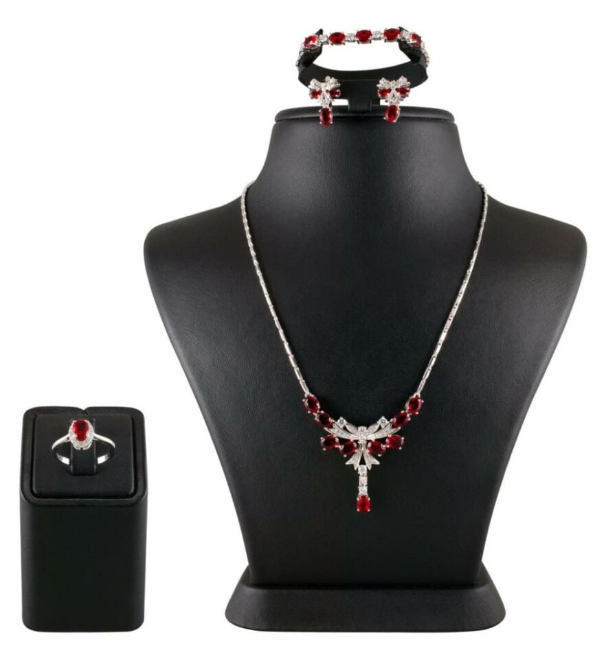 Kırmızı Zirkon Taşlı Gerdanlıklı Gümüş Set 012