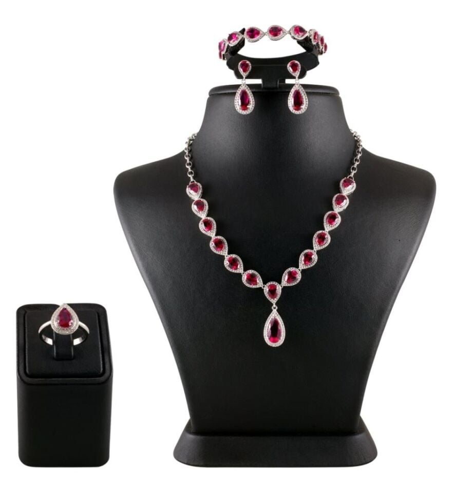 Kırmızı Zirkon Taşlı Gerdanlıklı Gümüş Set 014