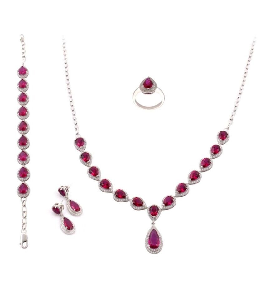 Kırmızı Zirkon Taşlı Gerdanlıklı Gümüş Set 014
