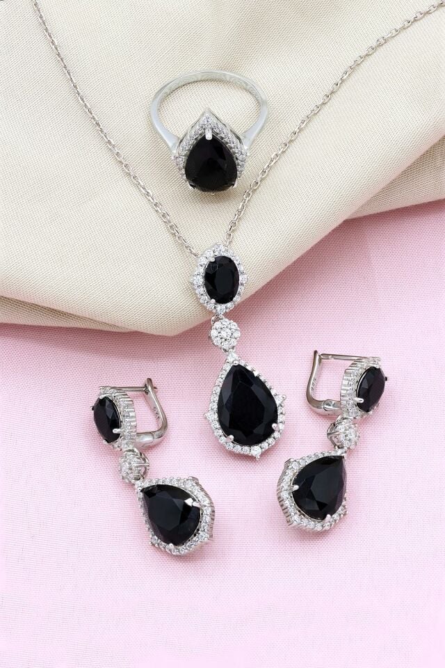 Oniks Taşlı Damla Modeli Gümüş Set 061