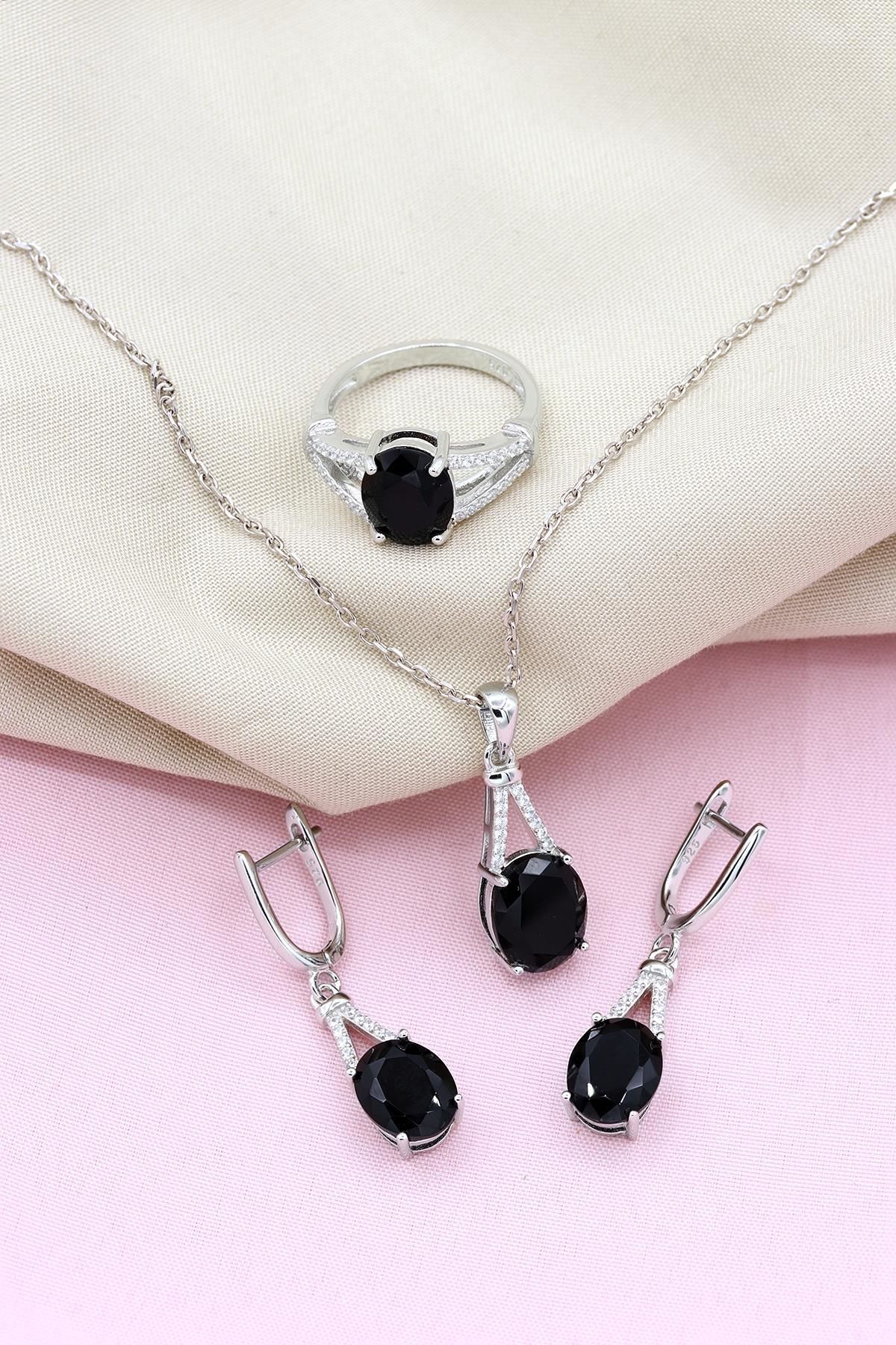 Oniks Taşlı Damla Modeli Gümüş Set 062