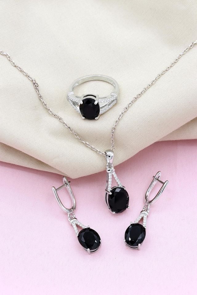 Oniks Taşlı Damla Modeli Gümüş Set 062
