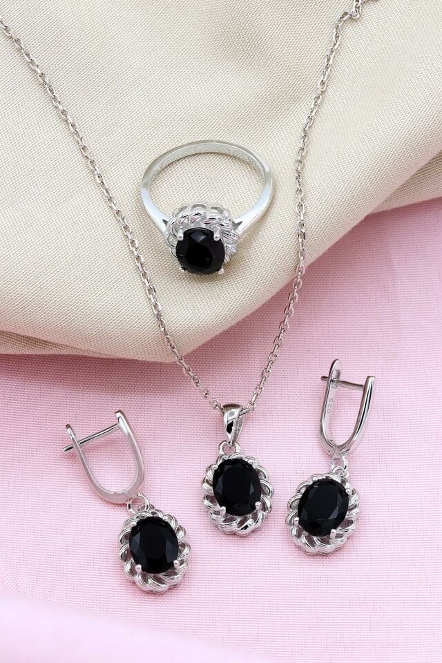 Siyah Oniks Taşlı Gümüş Set 065