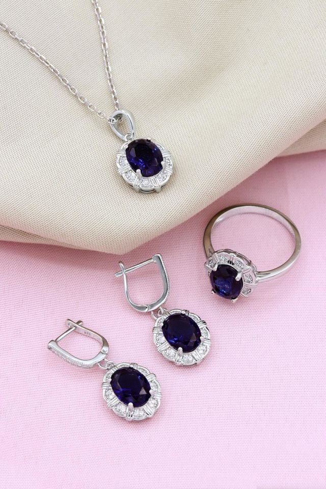 Mavi Zirkon Taşlı Gümüş Set 066