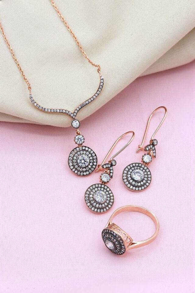 Elmas Montürlü Roz Gümüş Set 070