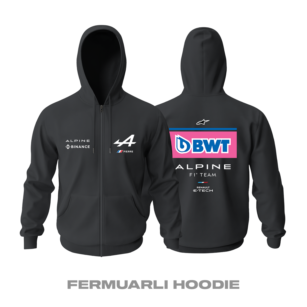 Alpine F1 Team: Black Edition 2023 Fermuarlı Kapüşonlu Hoodie