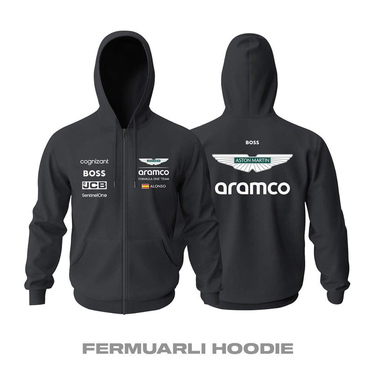 Aston Martin F1 Team: AMR24 - Black Edition Fermuarlı Hoodie