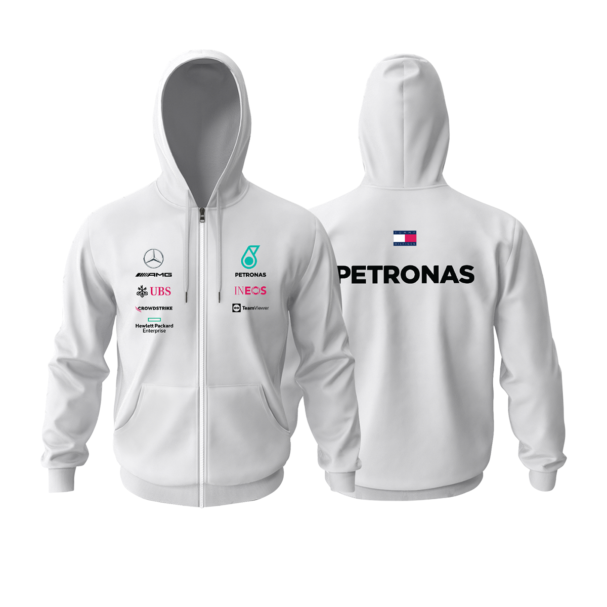AMG Petronas F1 Team: White Crew Edition Fermuarlı Kapüşonlu Hoodie