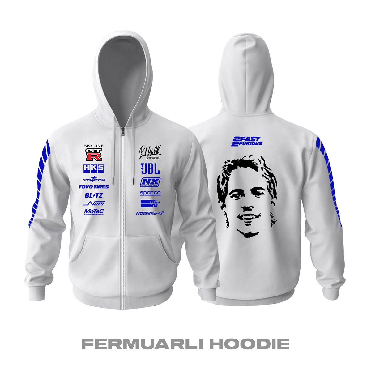 Paul Walker: Skyline GTR R34 - White Edition Fermuarlı Kapüşonlu Hoodie