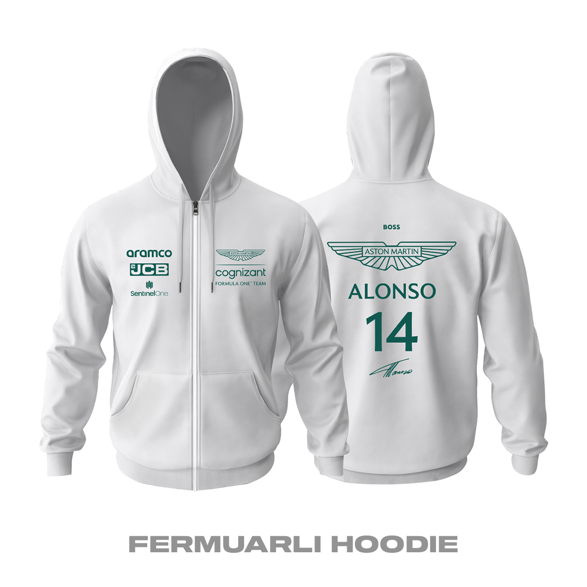 Aston Martin F1 Team: White Crew Edition 2023 Fermuarlı Kapüşonlu Hoodie