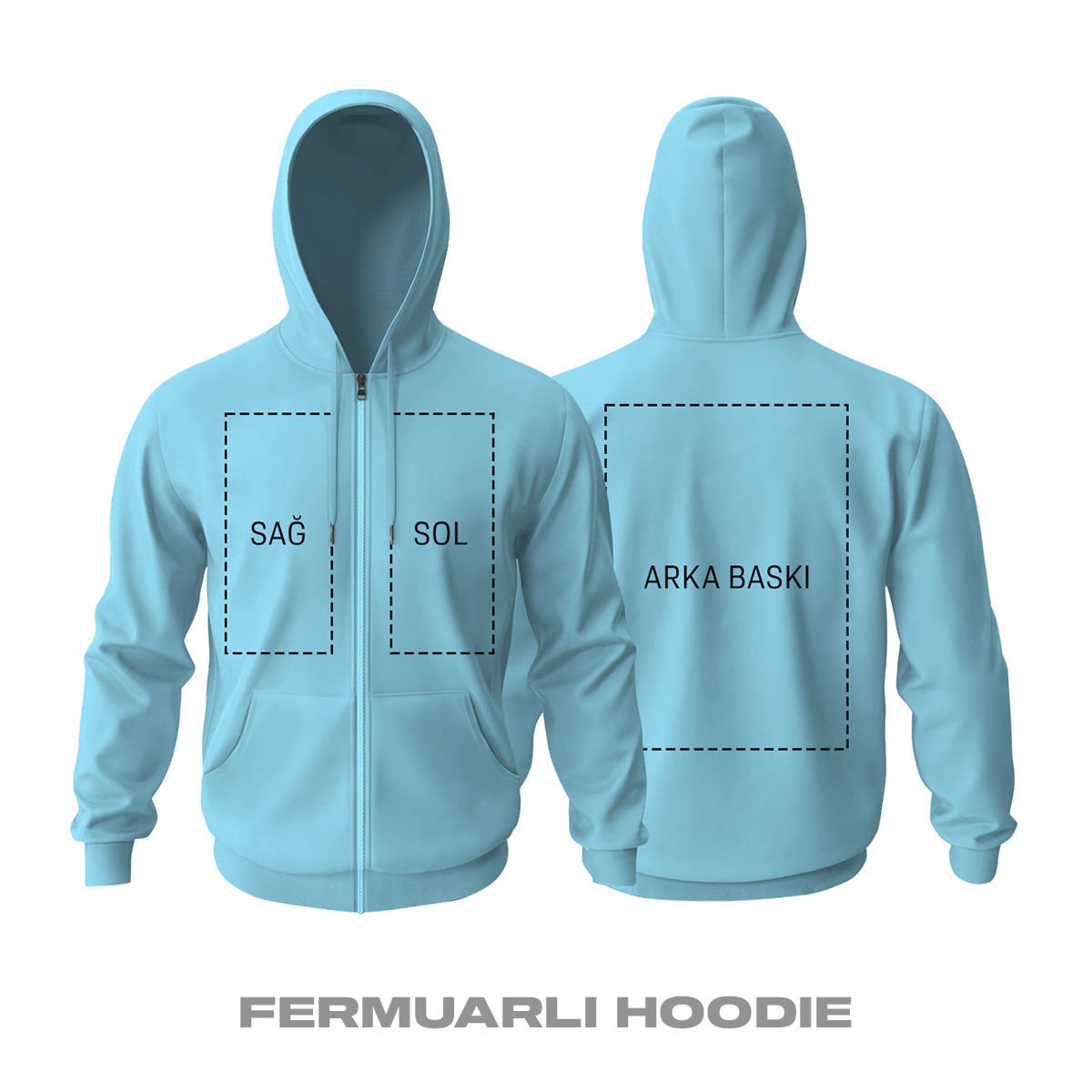 Kişisel Baskı - Buz Mavi Fermuarlı Hoodie