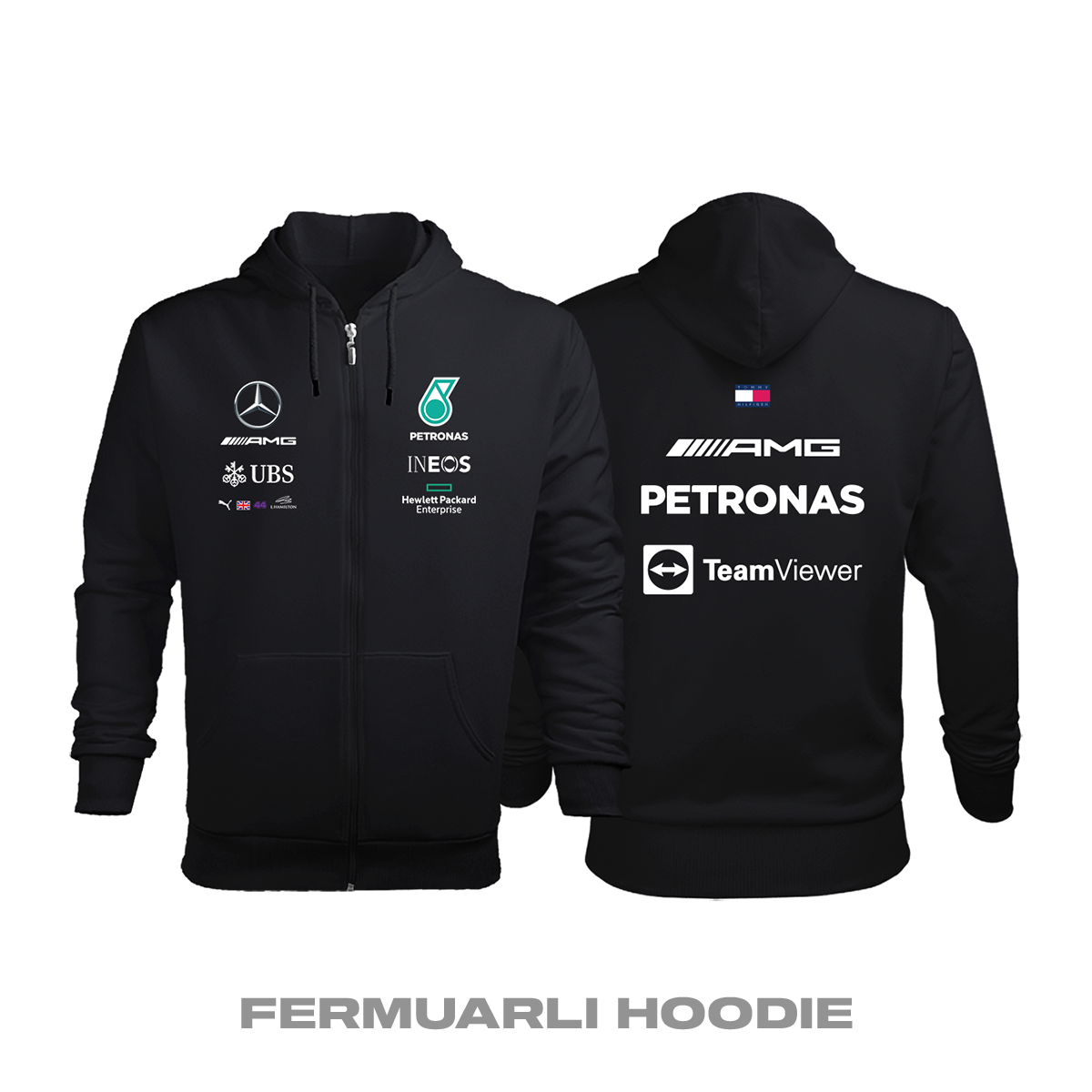 AMG Petronas F1 Team: Black Edition 2022 Fermuarlı Kapüşonlu Hoodie