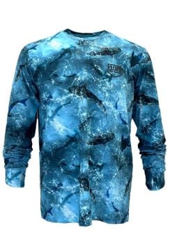 Apex V2 Erkek Uzun Kollu Bisiklet Yaka Balıkçı Yelkenci Köpekbalığı Desenli Mavi UV Korumalı Tişört