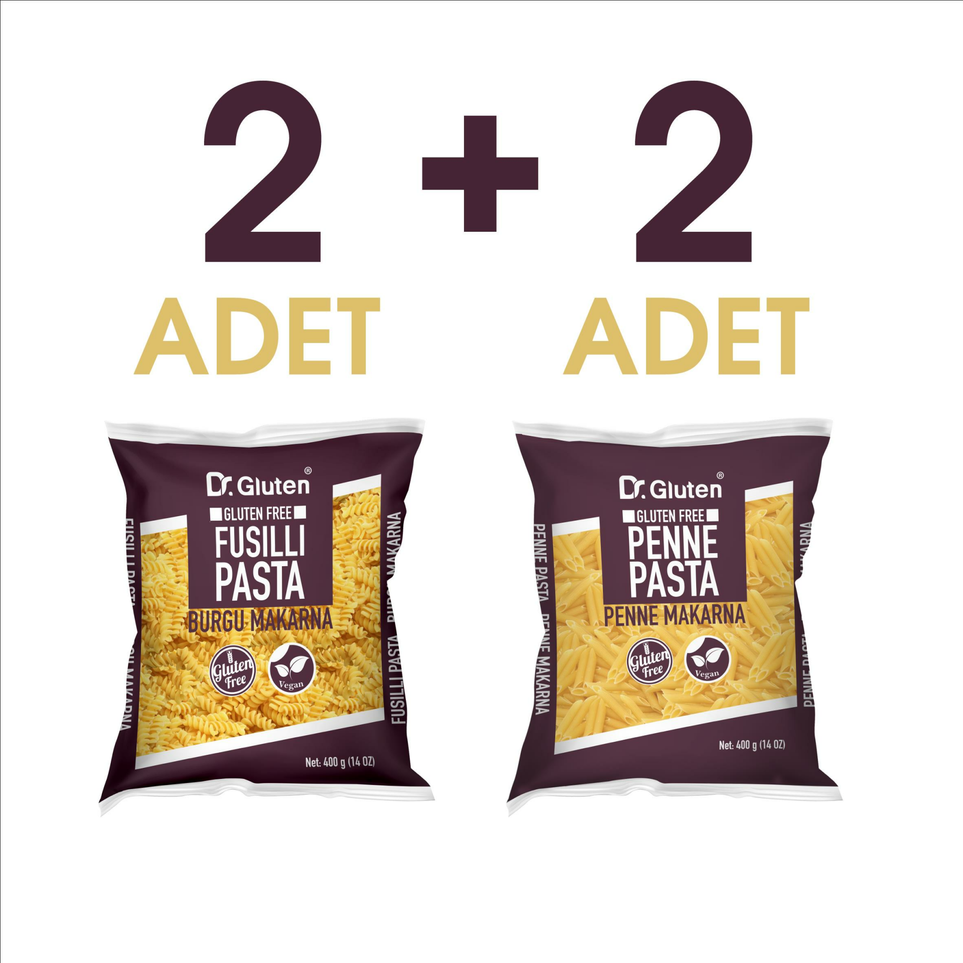 Dr.Gluten Glutensiz Burgu & Boru Makarna 4' lü Set (Fusilli & Penne) 400 Gr x 2+2 ADET