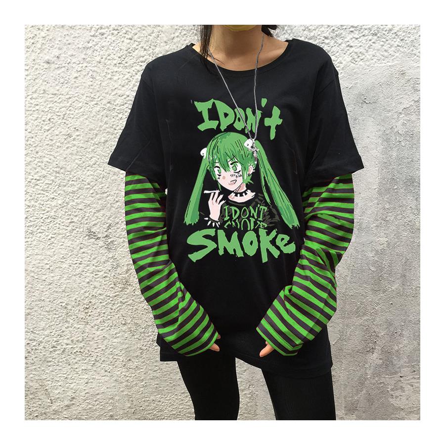 I Don't Smoke Yeşil Siyah Çizgili Kendinden Kollu T-Shirt