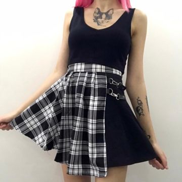 Anime Harajuku Punk Beyaz Ekoseli Deri Kemerli Mini Etek