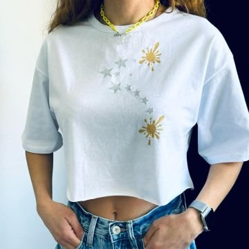 Yıldız Geçidi Beyaz Crop T-Shirt